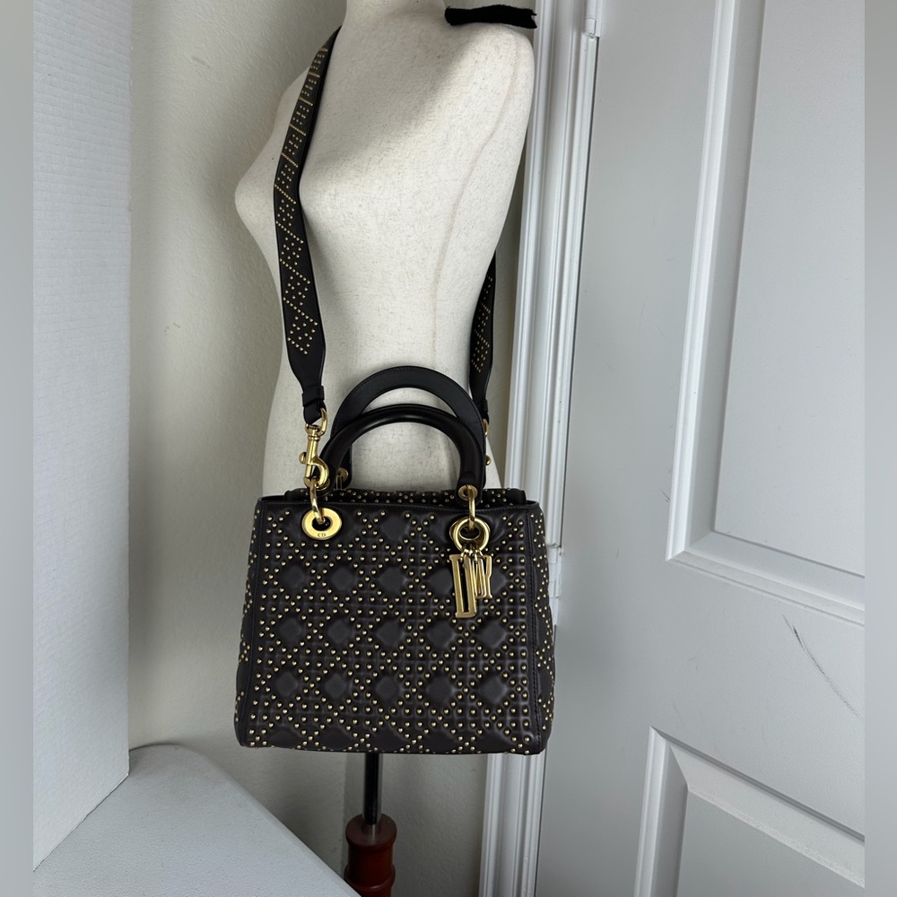Pymt-3-LADY DIOR LEATHER TOTE BAG ORIGINAL STRAP DRK BRN GHW MED - Picture 11 of 14